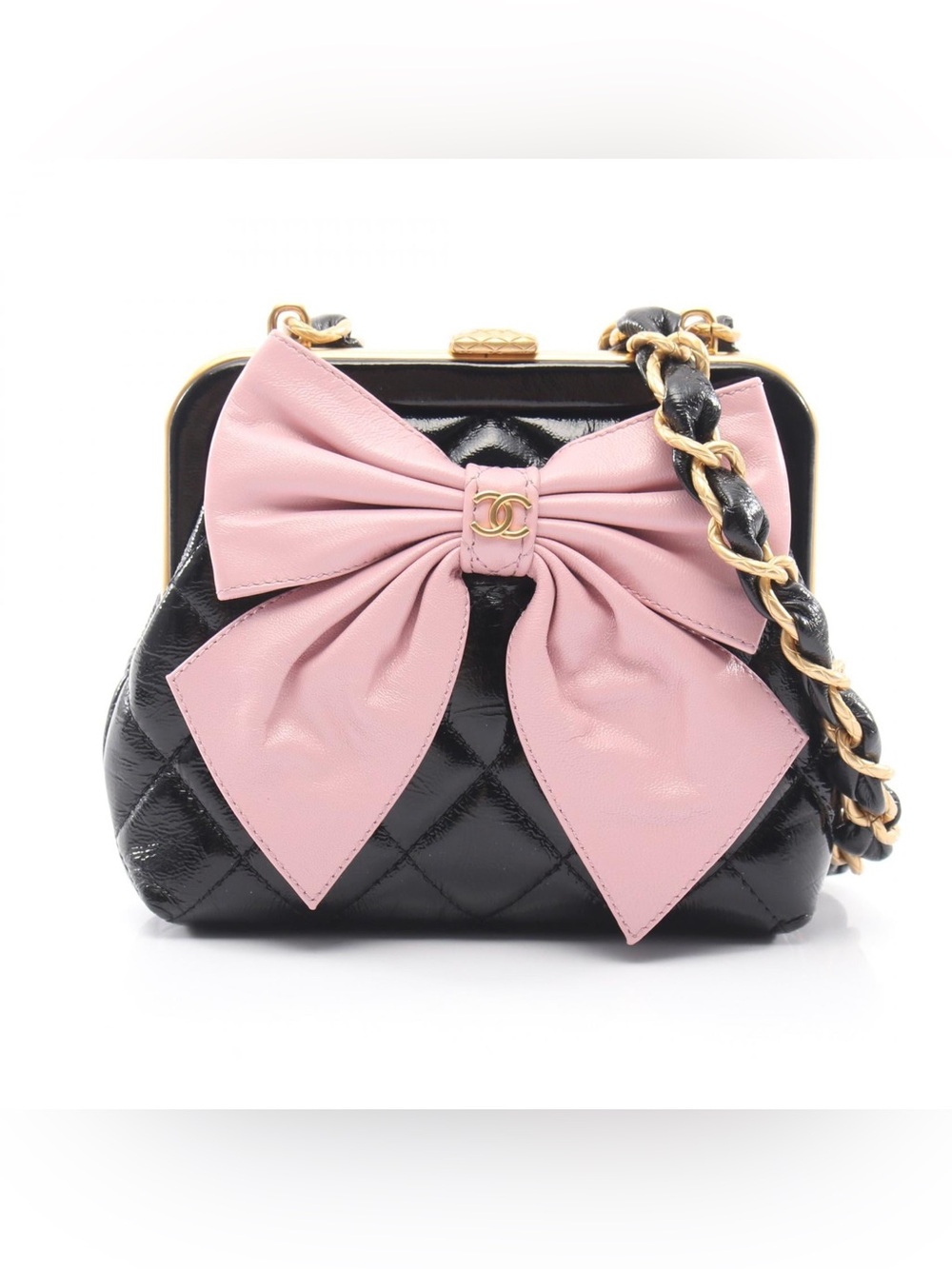 Authentic CHANEL mini pink bow black lambskin patent leather crossbody bag